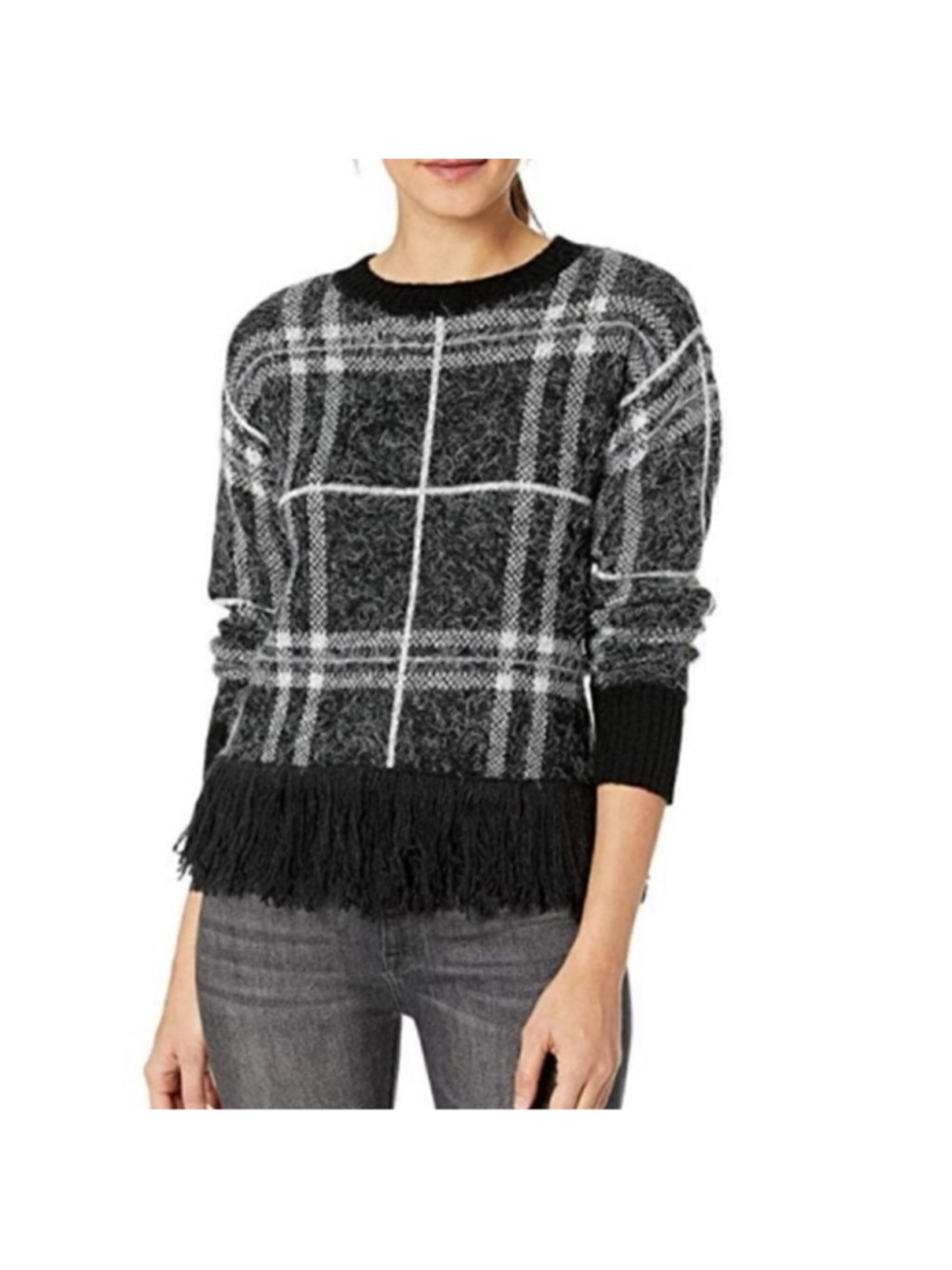1. STATE Eyelash Plaid Fringe Sweater warm cozy soft winter vibes sz xl